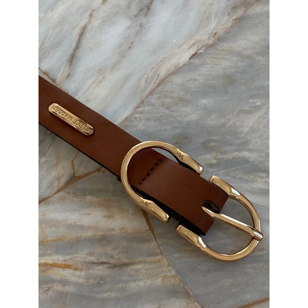 Steve Madden Cognac Brown Faux Leather Belt Gold Oval Buckle Slim Classic 40in